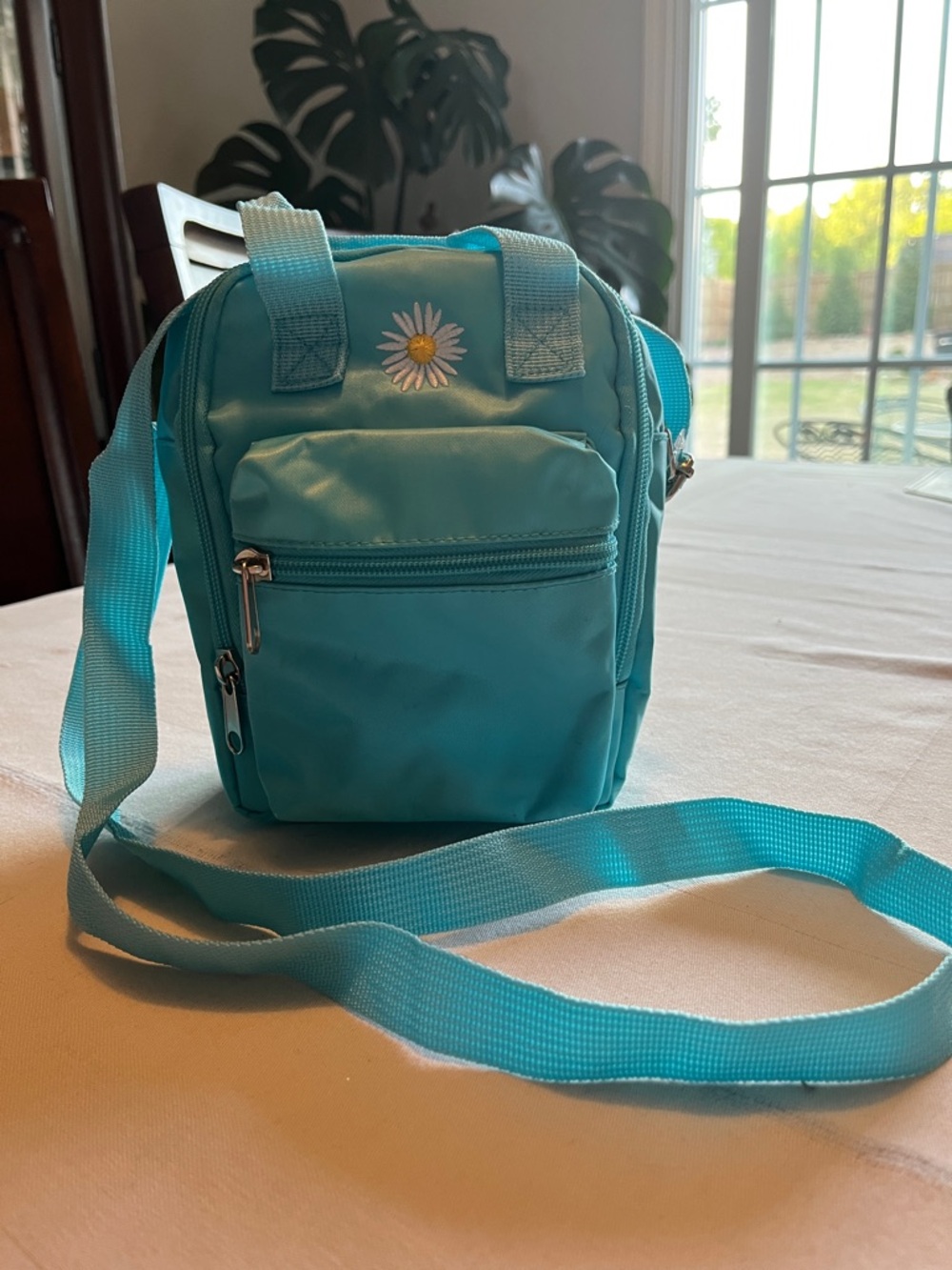 Turquoise Crossbody Bag with Daisy Embroidery